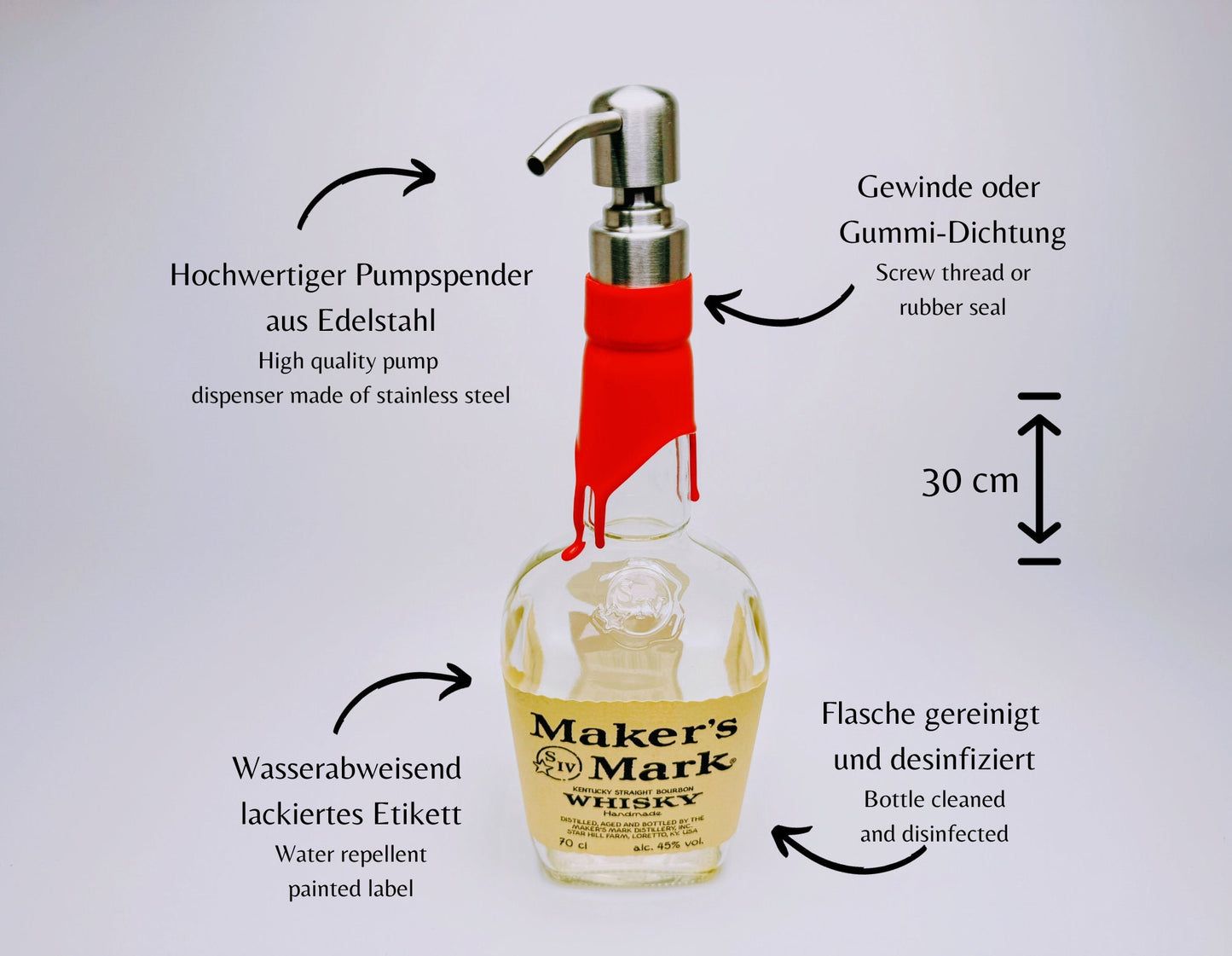 Whisky-Seifenspender “Mark” | Upcycling Pumpspender aus Maker’s Mark Flaschen | Nachfüllbar mit Seife | Bad Deko | Geschenk | H:28cm