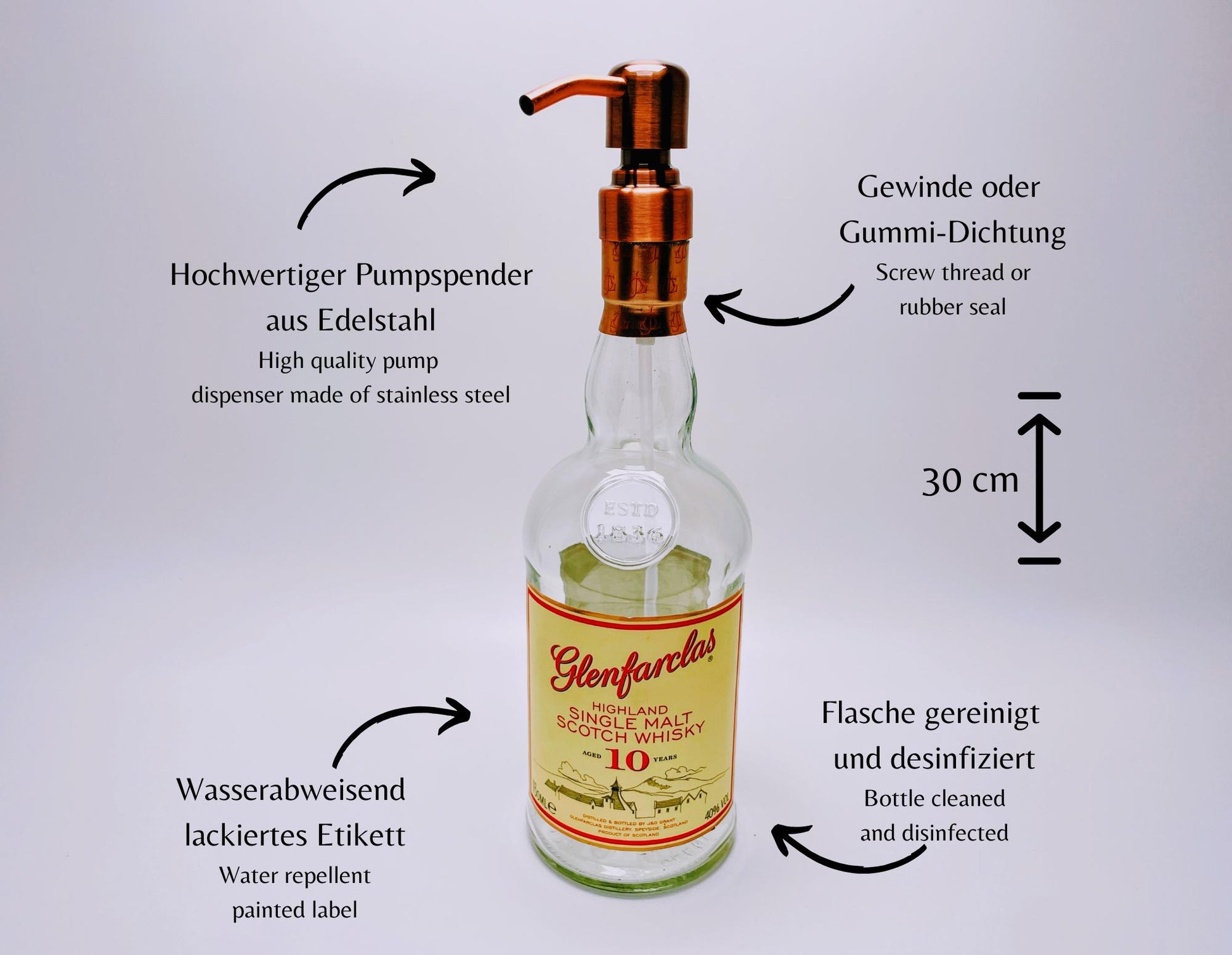 Whisky-Seifenspender Glenfarclas | Upcycling Pumpspender aus Glenfarclas Whiskey Flaschen | Nachfüllbar mit Seife | Bad Deko | Geschenk