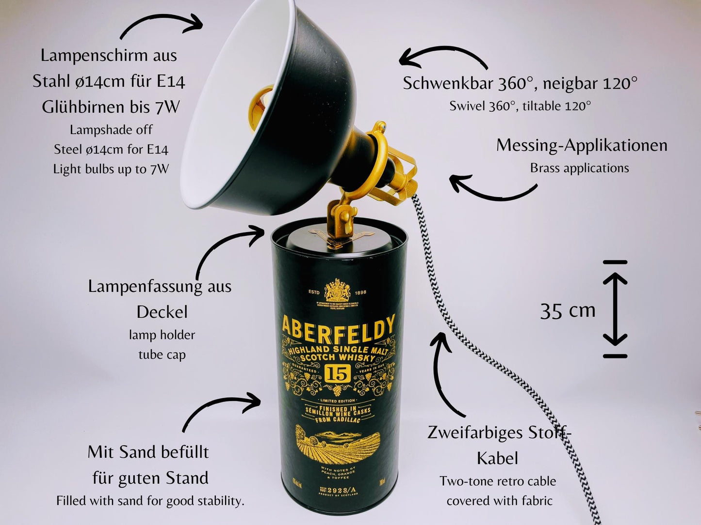 Whisky Tischlampe aus echten Tubes – Handgemachte Upcycling Design Lampe mit warmem Licht – Geschenkidee für Whisky Liebhaber