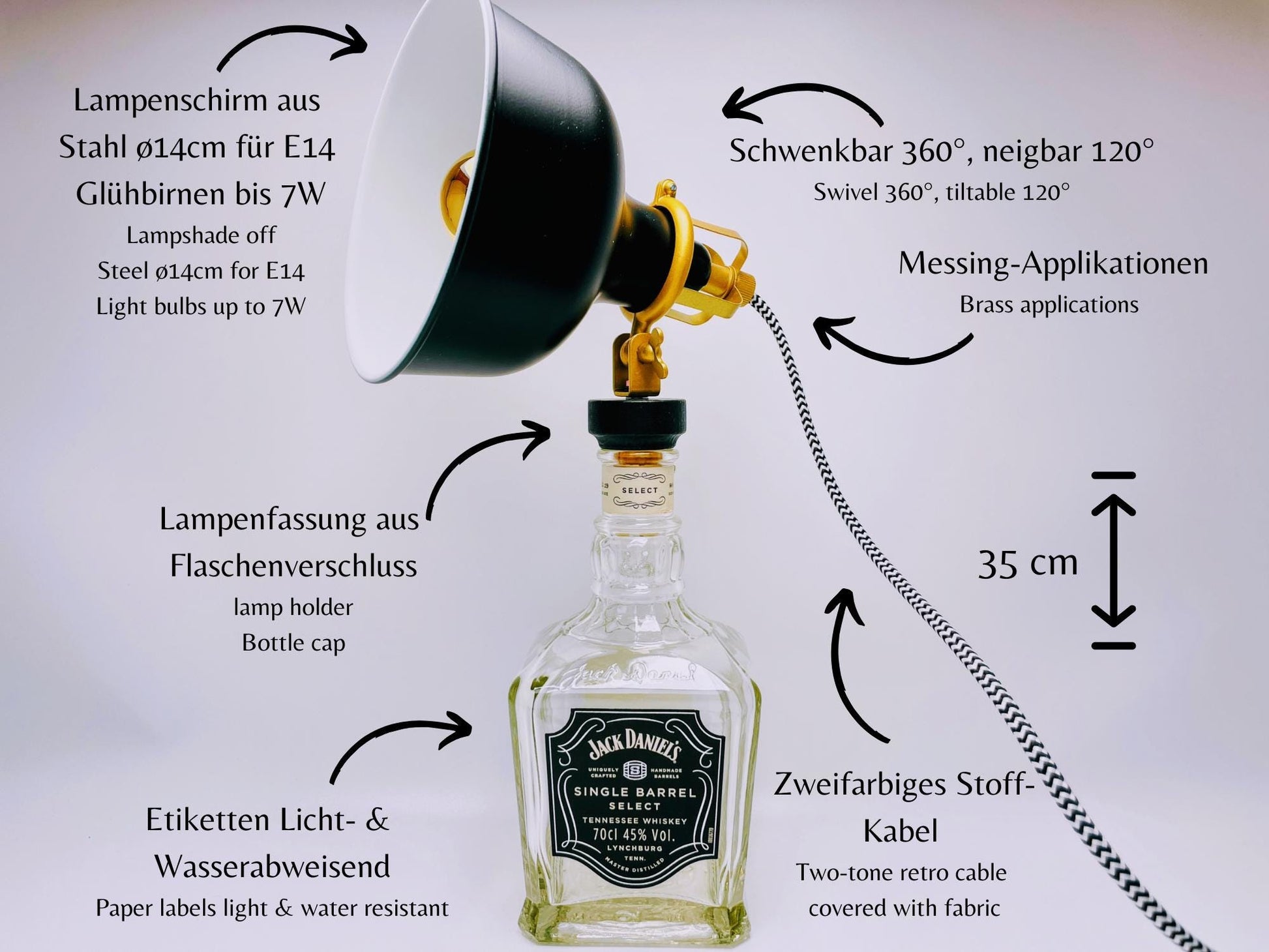 Whisky Tischlampe aus echter Whiskyflasche – Handgemachte Upcycling Design Lampe mit warmem Licht – Geschenkidee für Whisky Liebhaber
