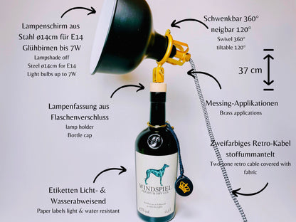 Windspiel Gin Vintage-Lampe | Handgemachte Upcycling Tischlampe aus Windspiel Gin | Einzigartige Geschenkidee | Deko-Licht | Windhund  Eifel