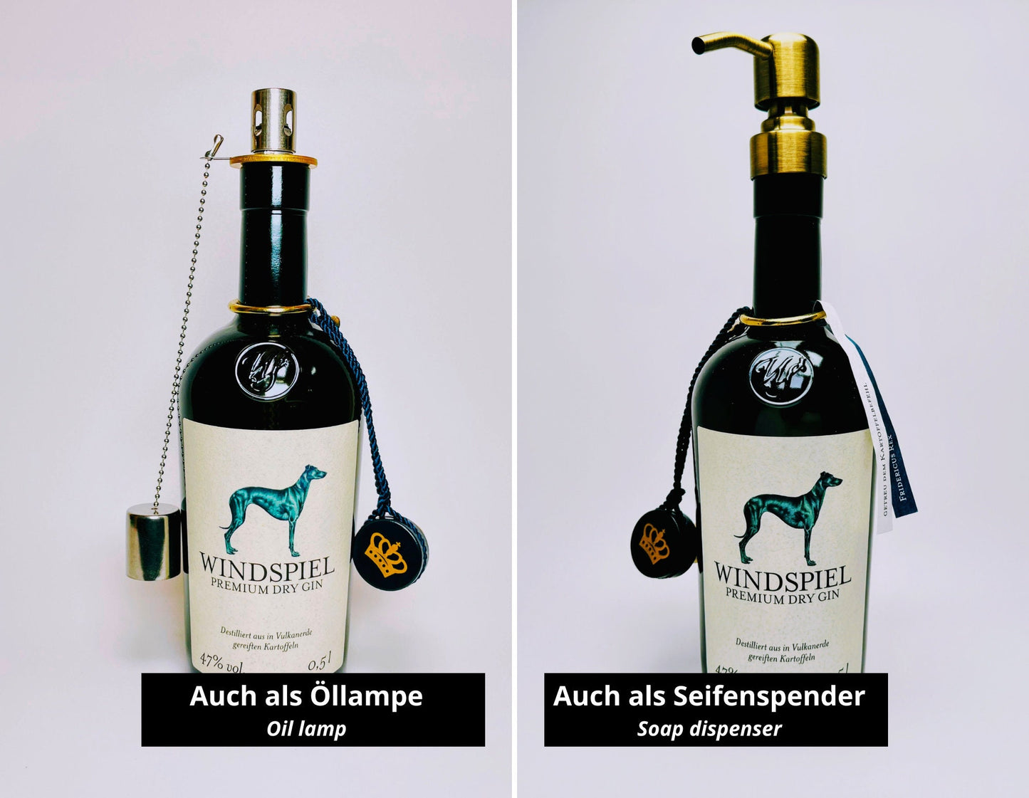 Windspiel Gin Vintage-Lampe | Handgemachte Upcycling Tischlampe aus Windspiel Gin | Einzigartige Geschenkidee | Deko-Licht | Windhund  Eifel