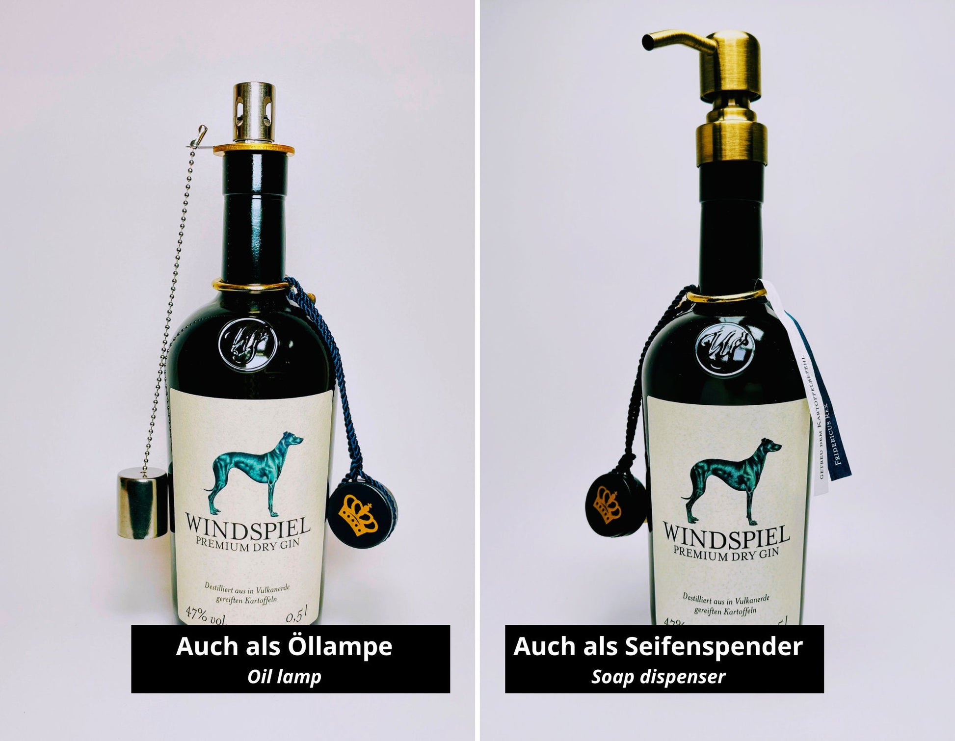 Windspiel Gin Vintage-Lampe | Handgemachte Upcycling Tischlampe aus Windspiel Gin | Einzigartige Geschenkidee | Deko-Licht | Windhund  Eifel