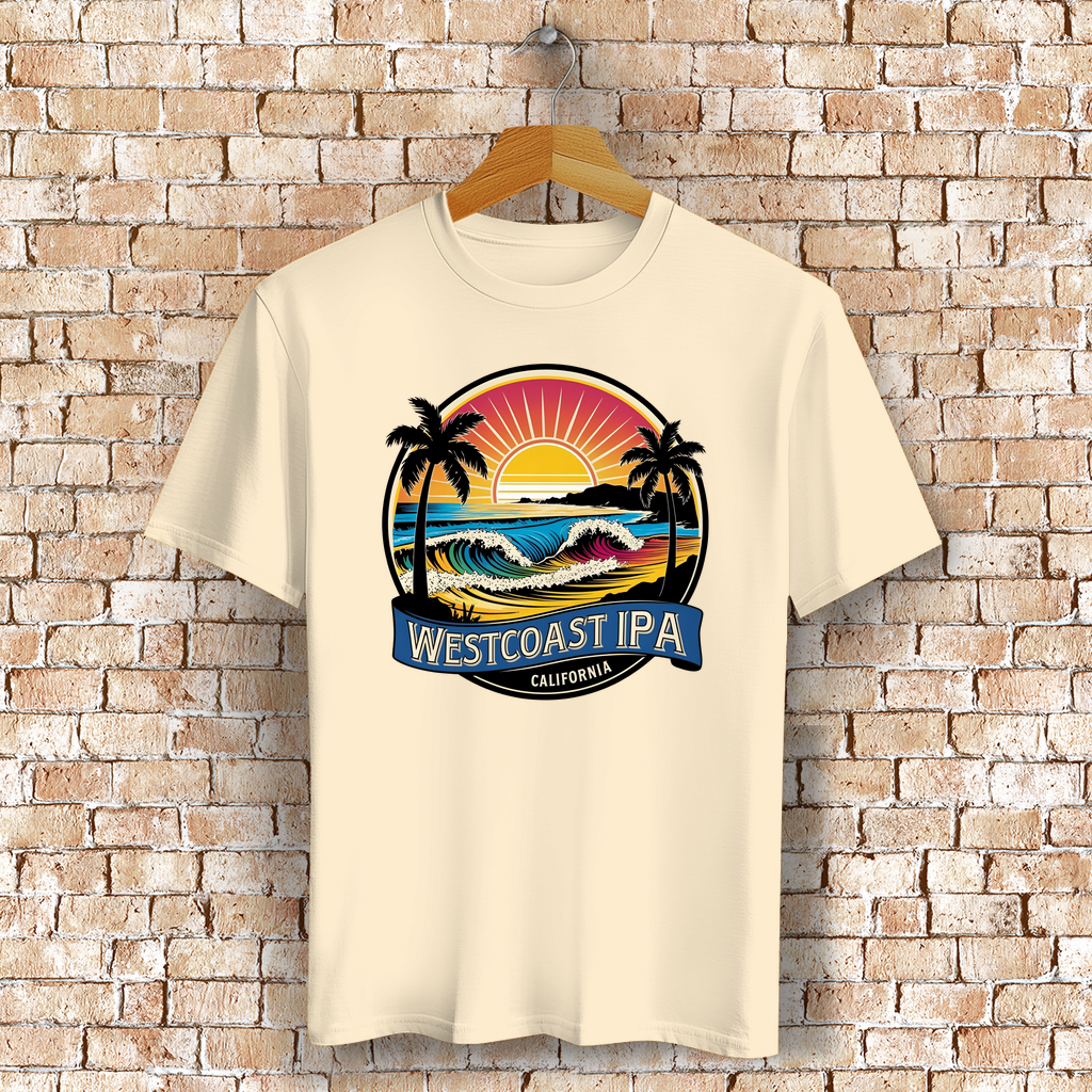 Westcoast IPA T-Shirt mit Strand, Palmen & Sonne – Bierliebe trifft Surf-Vibes - Bio-Baumwolle