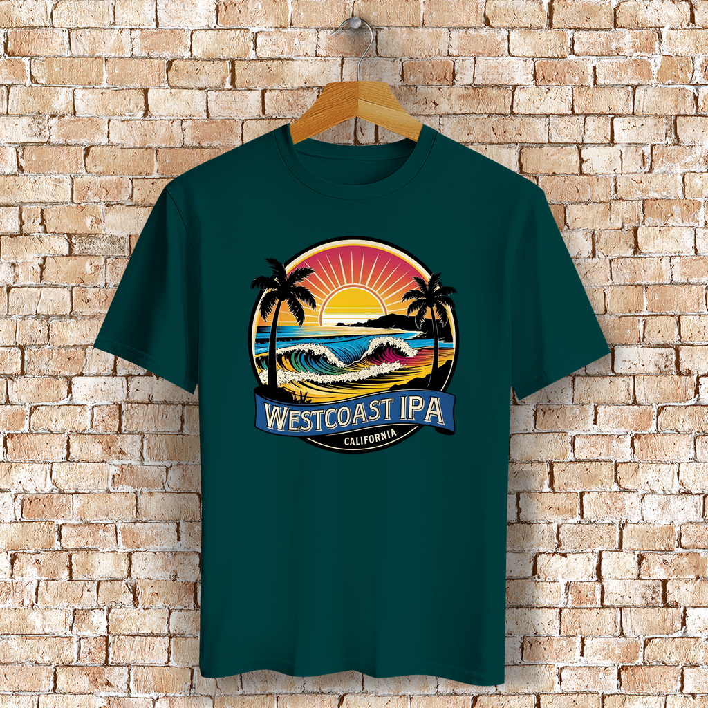 Westcoast IPA T-Shirt mit Strand, Palmen & Sonne – Bierliebe trifft Surf-Vibes - Bio-Baumwolle - UNisex