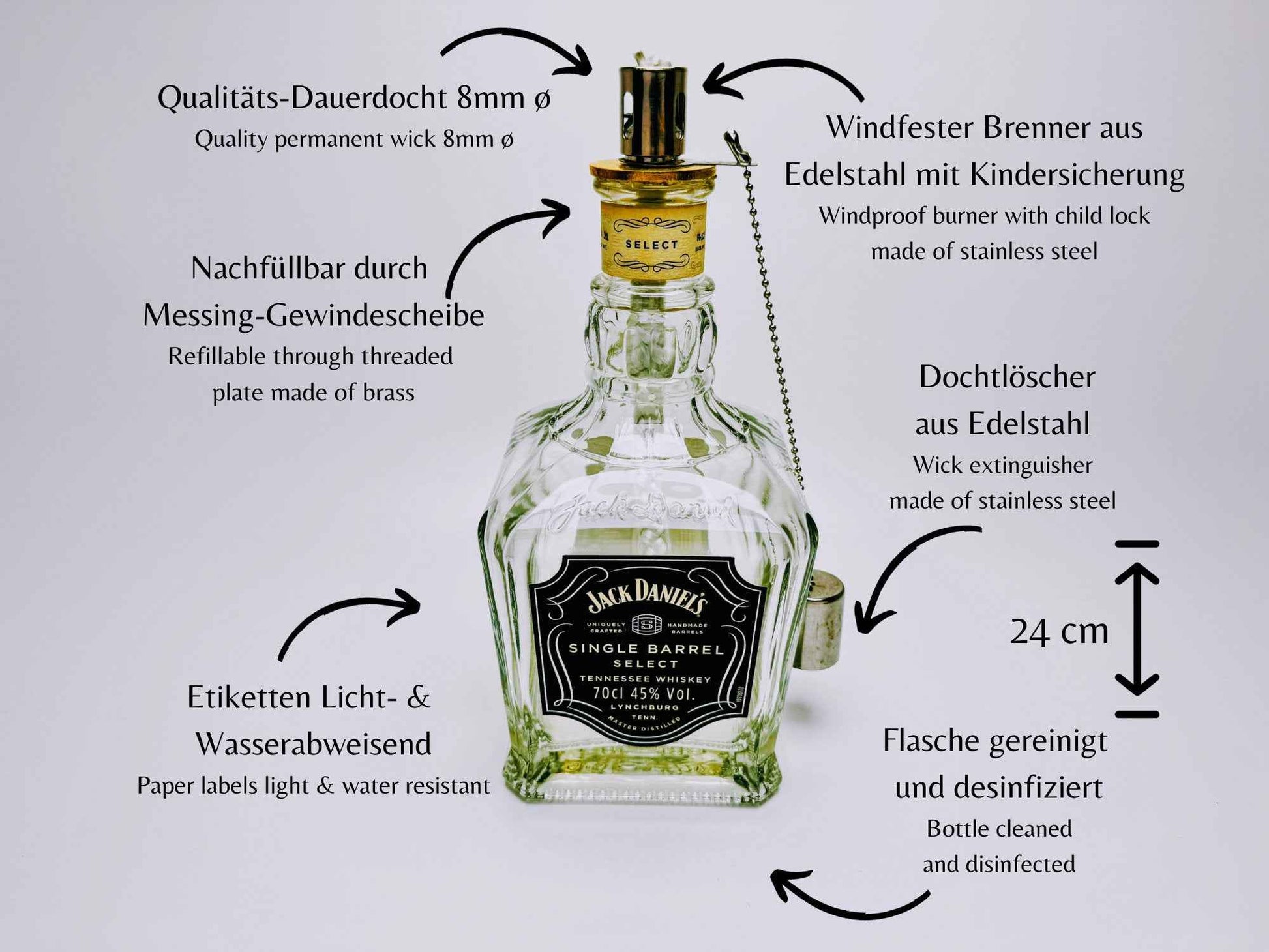 Whisky-Öllampe ”Highland Glow” | Handgefertigt aus recycelten Whiskeyflaschen | Vielseitiges Upcycling-Geschenk | Ideal für Balkon & Garten