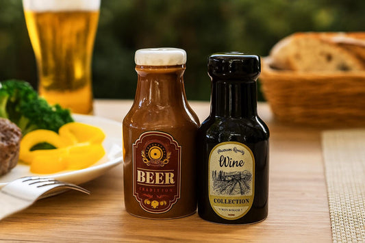 Salz und Pfeffer Streuer Set Bier & Wein – 2er Set aus Keramik – lustiges Geschenk für Genießer, Grillfans und Bierfreunde