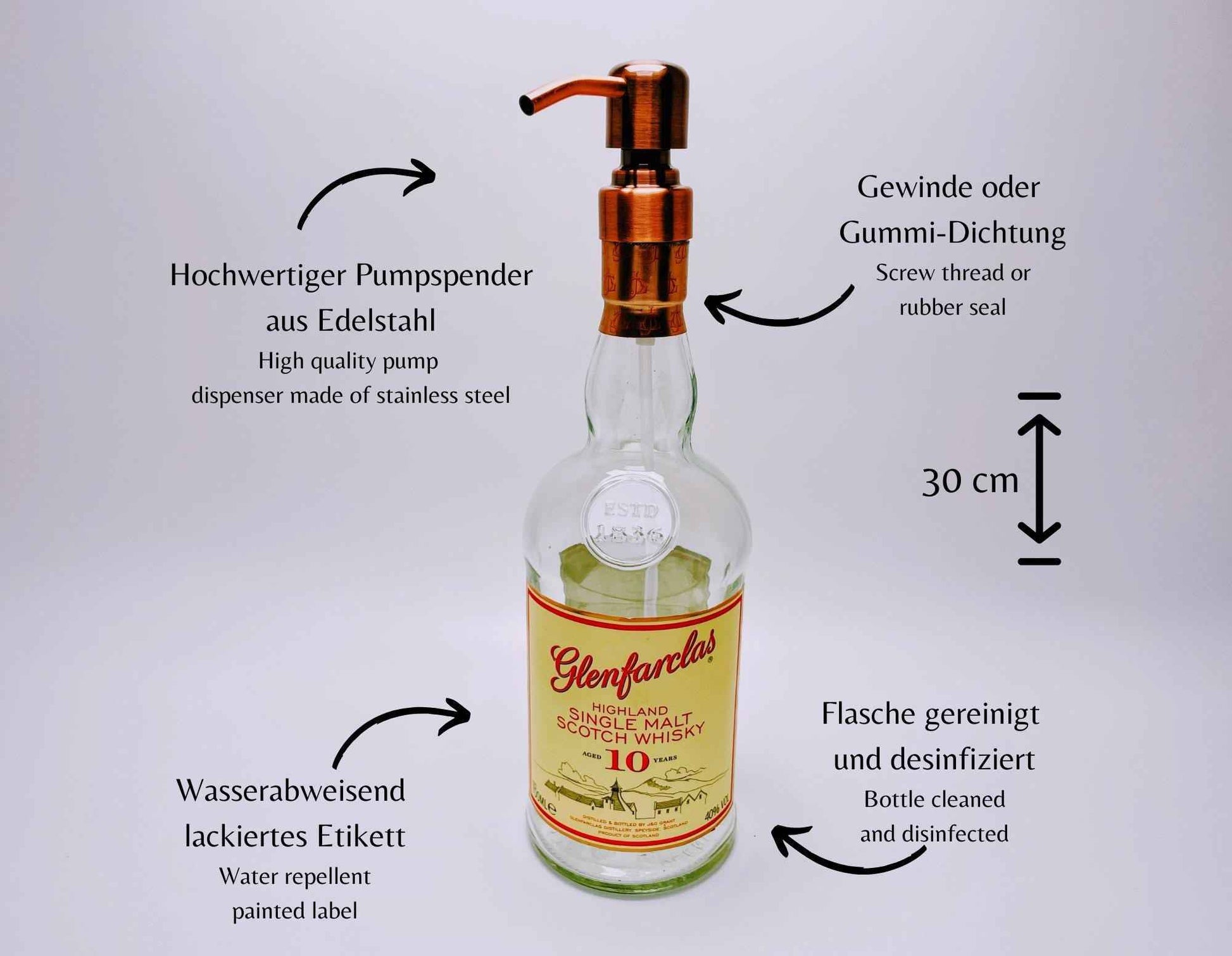 Whisky-Seifenspender Glenfarclas | Upcycling Pumpspender aus Glenfarclas Whiskey Flaschen | Nachfüllbar mit Seife | Bad Deko | Geschenk