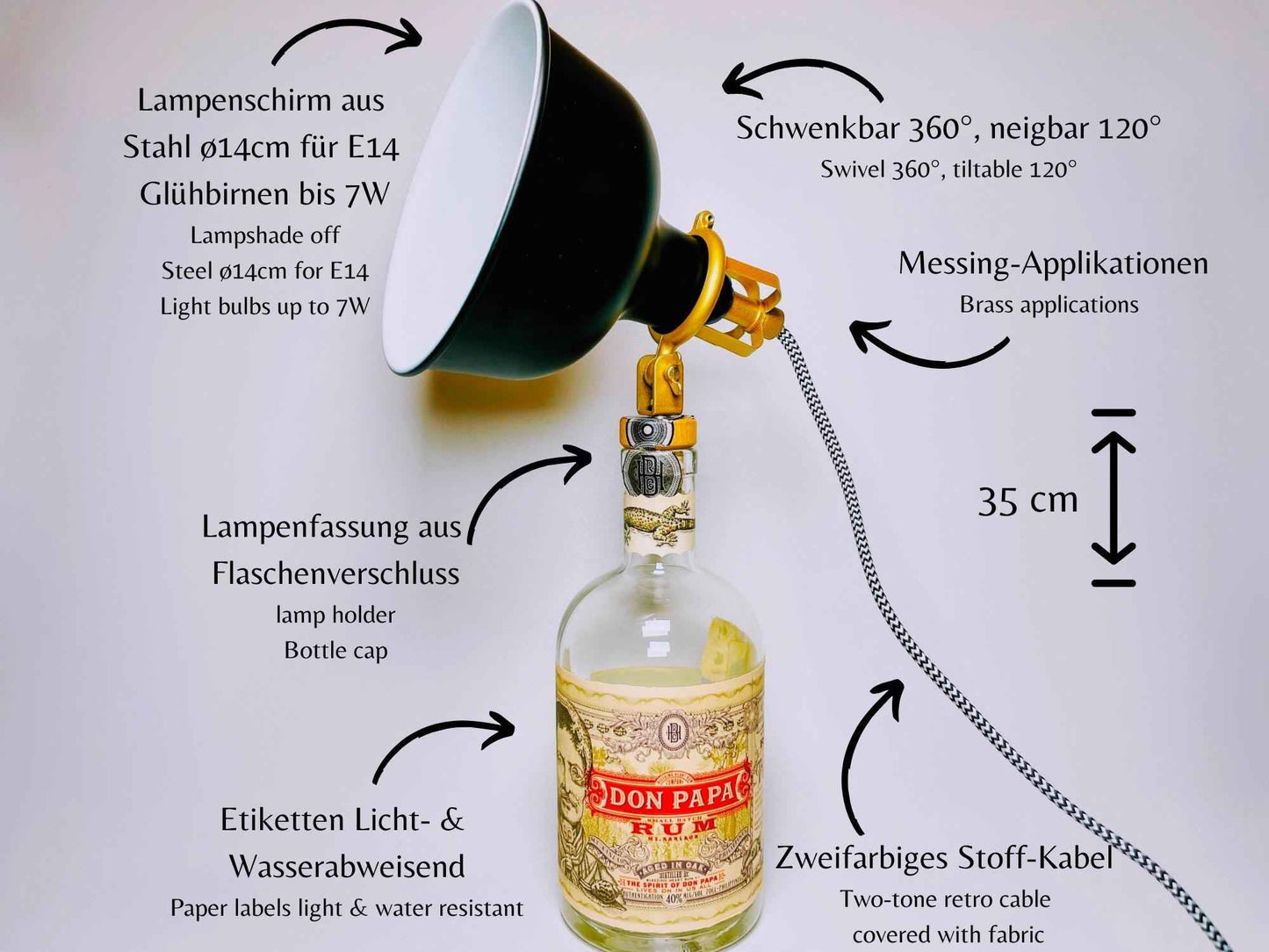 Don Papa Rum Lampe | Handgemachte Upcycling Tischlampe aus Don Papa Rum Flasche | Einzigartige Geschenkidee | Deko