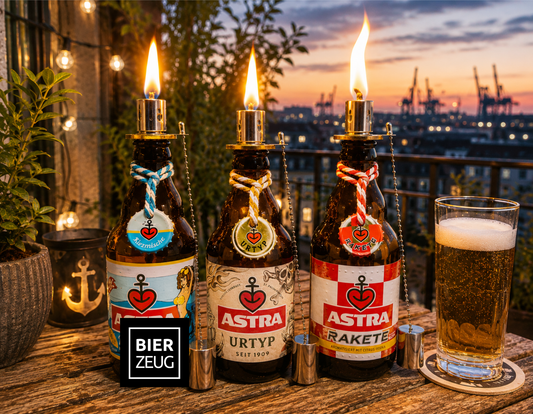 Astra-Öllampe ”Hamburger Nachtlicht” aus Astra Bier-Flaschen | Handgemachte Upcycling Gartenfackel | Geschenk für Hamburg & St. Pauli Fans