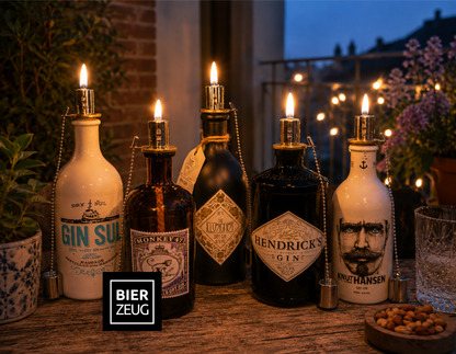Gin Öllampe aus echter Ginflasche – Handgemachte Upcycling Lampe – Windlicht für Balkon & Garten Deko – Geschenkidee für Gin Liebhaber