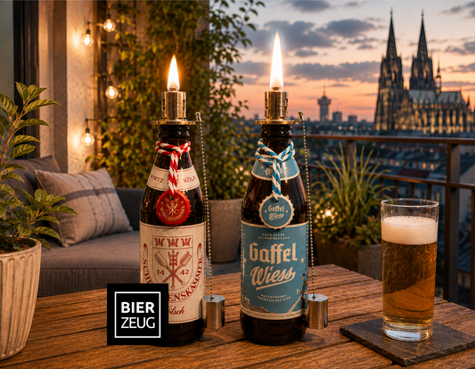Kölsch Öllampe aus echter Kölschflasche – Handgemachte Upcycling Design Öllampe mit windfestem Flammenlicht – Bier Geschenkidee aus Köln