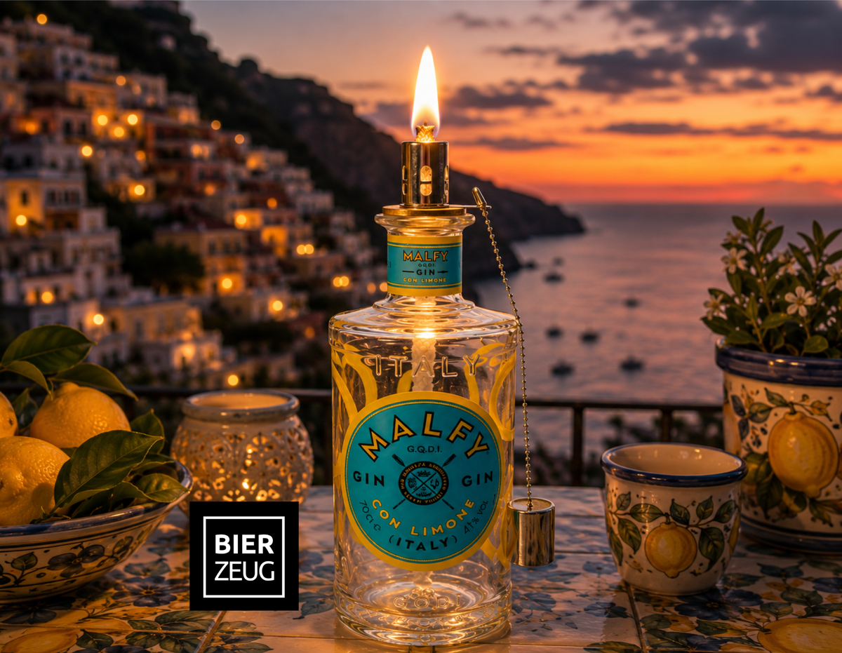 Gin Öllampe “Malfy“ | Handgemachte Öllampe aus Malfy Gin Flaschen | Upcycling | Handgefertigt | Individuell | Geschenk | Deko | H:25cm, 0,7l
