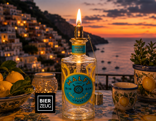 Gin Öllampe “Malfy“ | Handgemachte Öllampe aus Malfy Gin Flaschen | Upcycling | Handgefertigt | Individuell | Geschenk | Deko | H:25cm, 0,7l