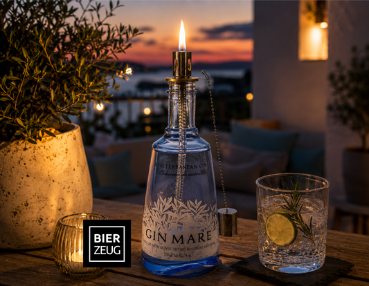 Gin Öllampe “Mare“ | Handgefertigte Upcycling Öllampe aus Gin Mare Flasche | Perfekte Deko für Garten & Balkon | Geschenk für Gin Liebhaber