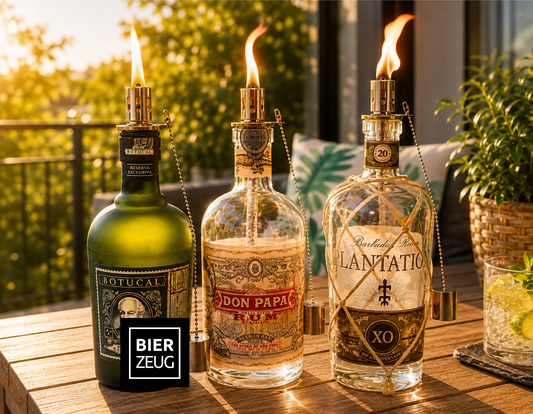 Rum Öllampe aus echter Rumflasche – Handgemachte Design Upcycling Öllampe mit windfestem Flammenlicht – Geschenkidee für Rum Liebhaber