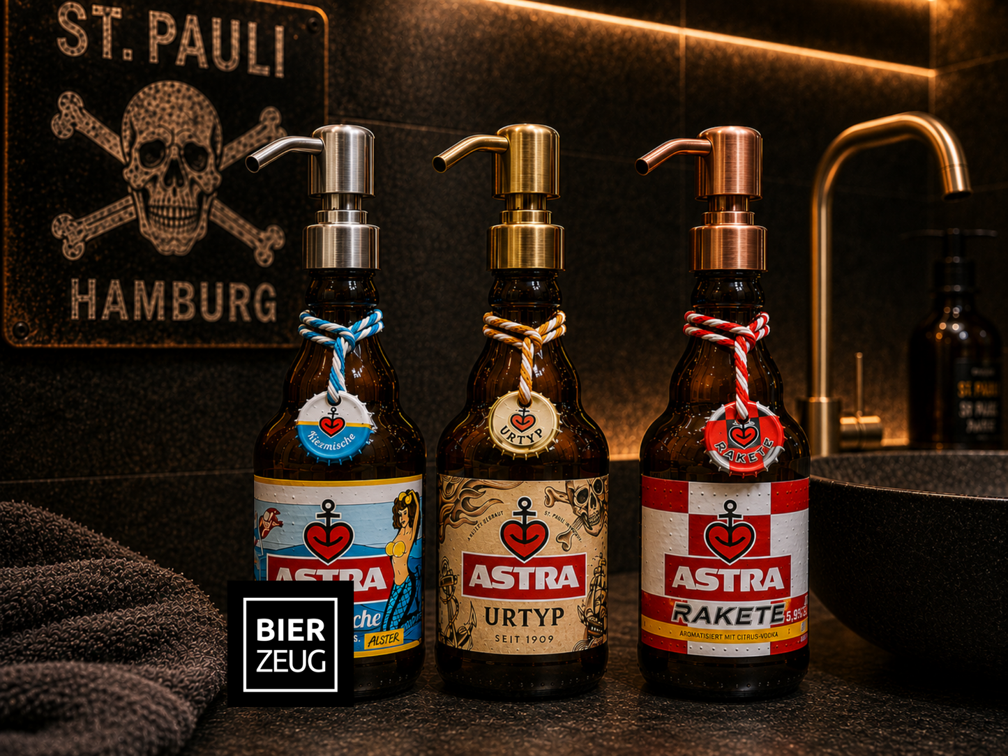 Astra-Seifenspender ”Kiezbrise” | Handgemacht aus Astra Bierflaschen | Nachfüllbar & Nachhaltig | Hamburg Fan Geschenk | Upcycling Deko Bad