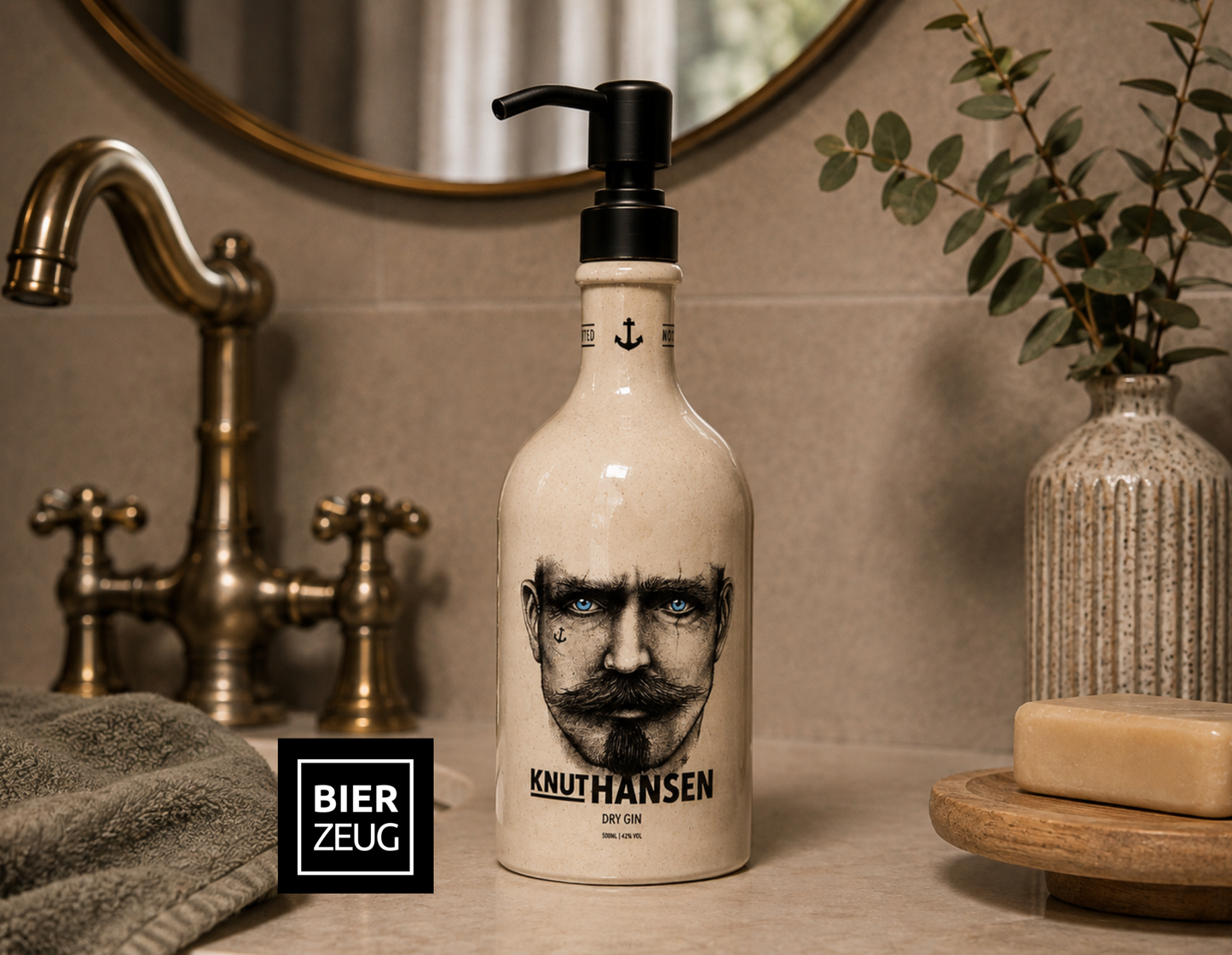 Gin-Seifenspender “Knut“ | Upcycling Pumpspender aus Original Knut Hansen Gin-Flasche | Nachfüllbar mit Seife | Bad-Deko | Geschenk Hamburg