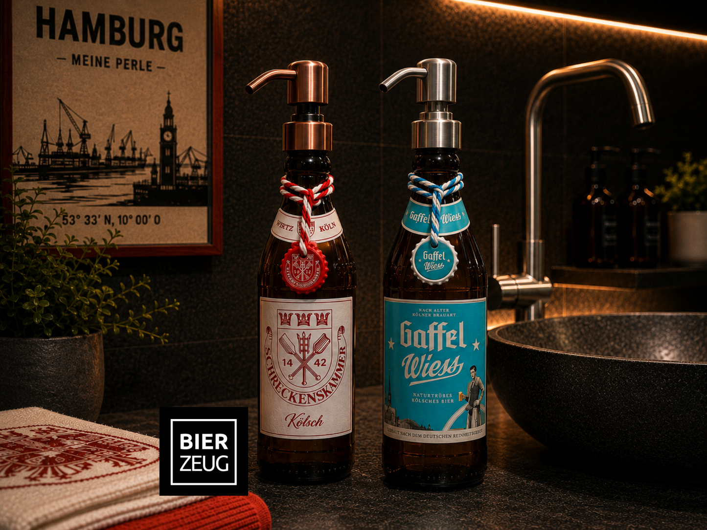 Kölsch Seifenspender aus echter Kölschflasche – Handgemachter nachfüllbarer Design Pumpspender – Geschenkidee aus Köln für Bier Liebhaber