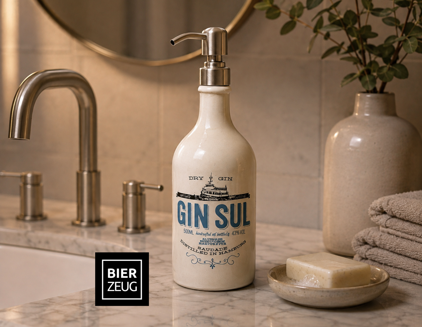 Gin Sul Seifenspender “Sul Spender” | Upcycling Pumpspender aus Gin Sul Flasche | Nachfüllbar | Deko Bad Geschenk Hamburg | 500ml - H:27cm