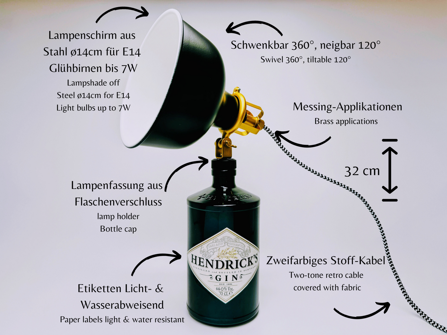 Gin Vintage-Lampen | Handgemachte nachhaltige Tischlampe aus Gin Flaschen | Einzigartige Geschenkidee | Deko-Licht | Upcycling Leuchten