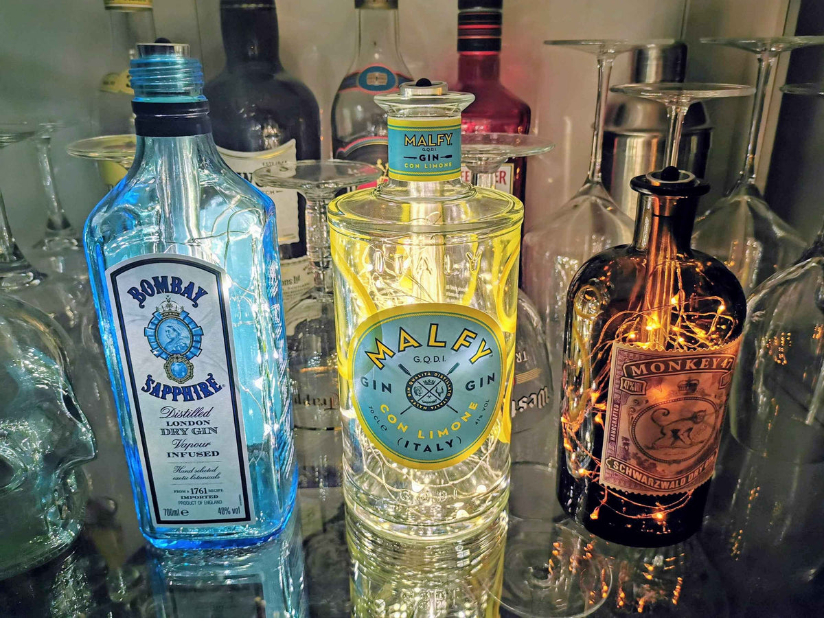 Rum-Lichter-Flaschen - Upcycling - LED-Flaschen für die Vitrine - LED- Lichterkette (Batterie) inklusive Timer - Don Papa Botucal Remedy