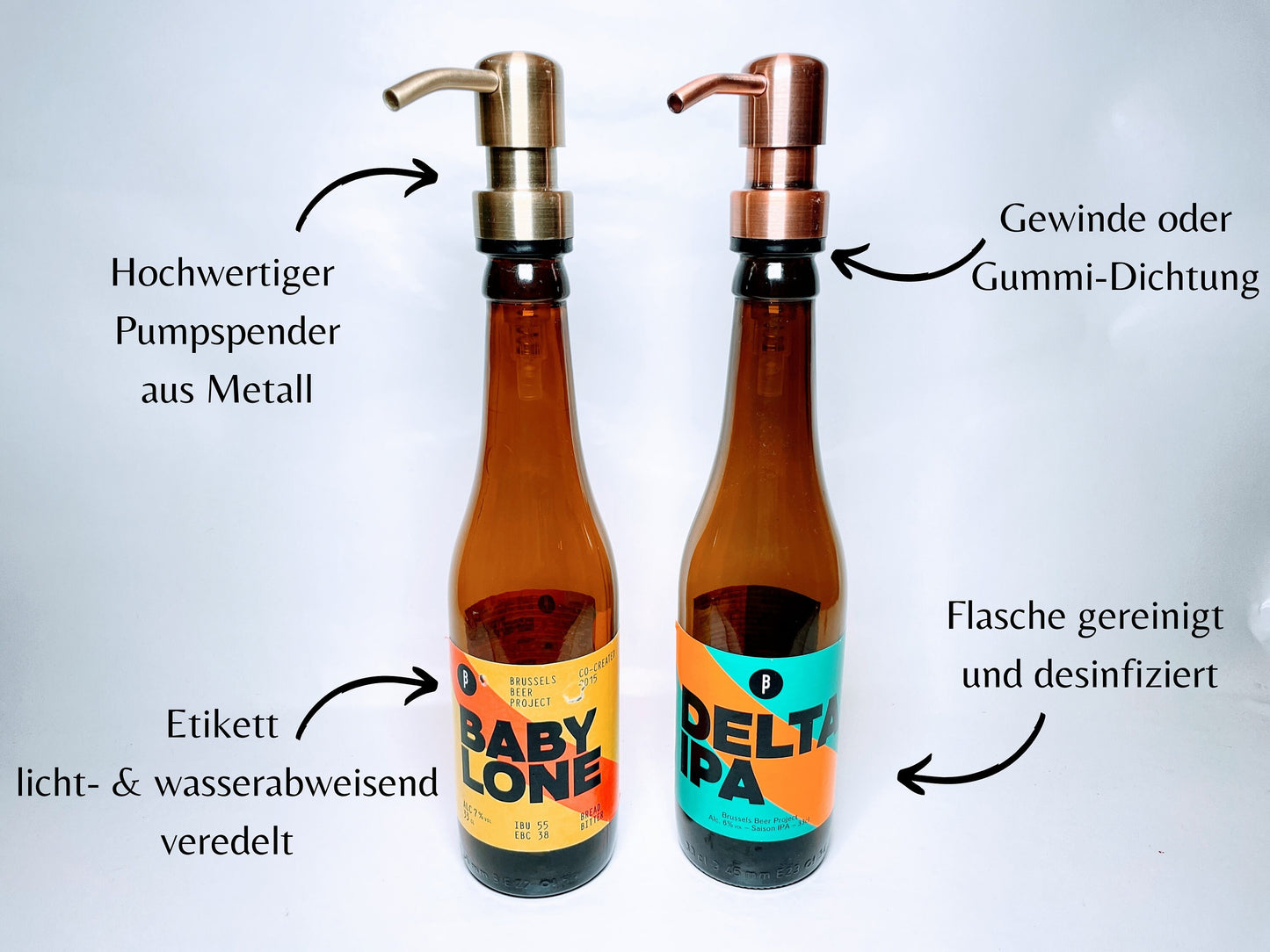 Seifenspender aus Craft-Bier-Flaschen - Handgemacht - Upcycling - Nachfüllbarer Pumpspender für Seife, Lotion oder Spüli - 0,33-0,5l