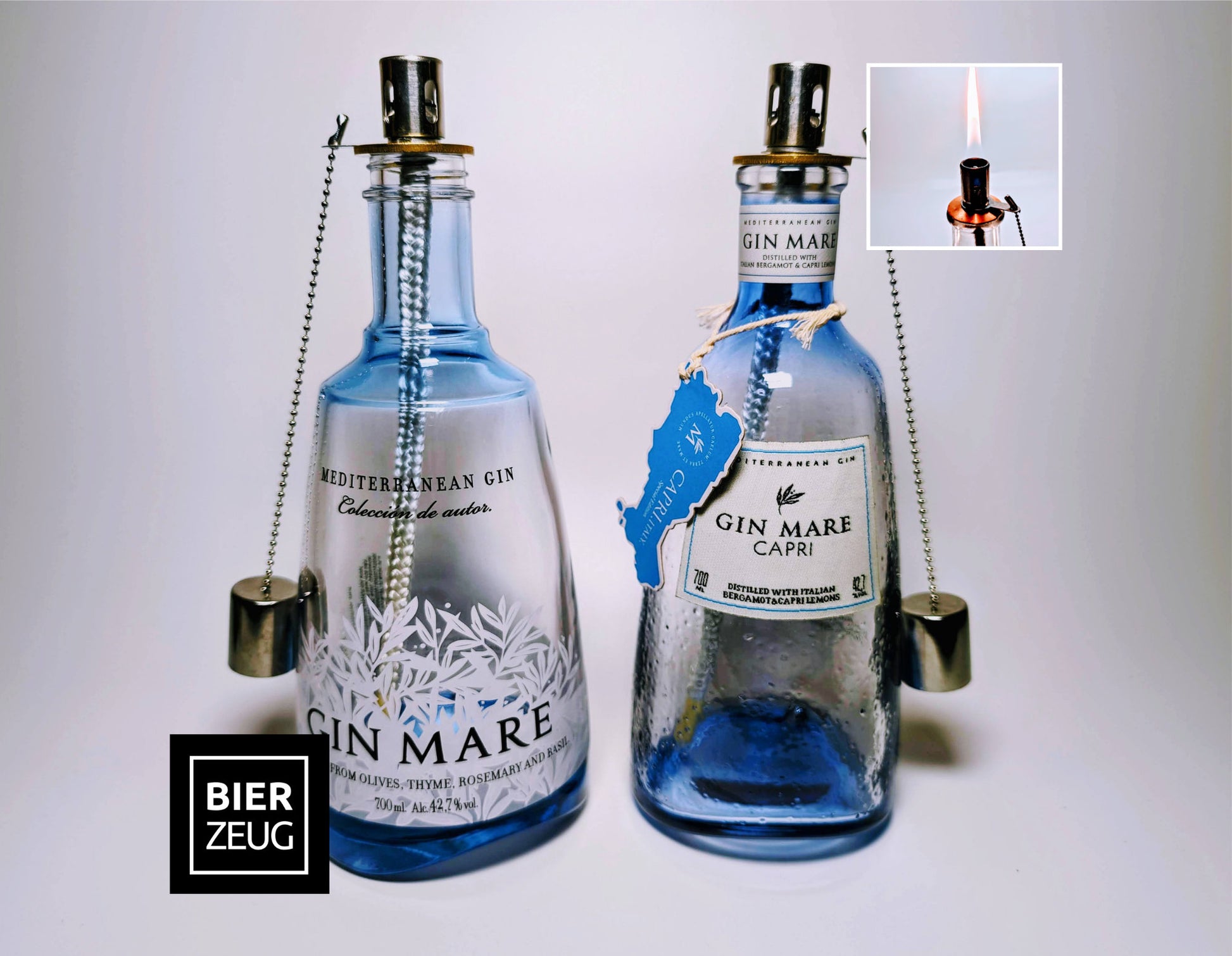 Gin Öllampe "Gin Mare" | Handgemachte Öllampe aus Gin Mare Flaschen | Upcycling | Handgefertigt | Individuell | Geschenk | Deko | H:26cm