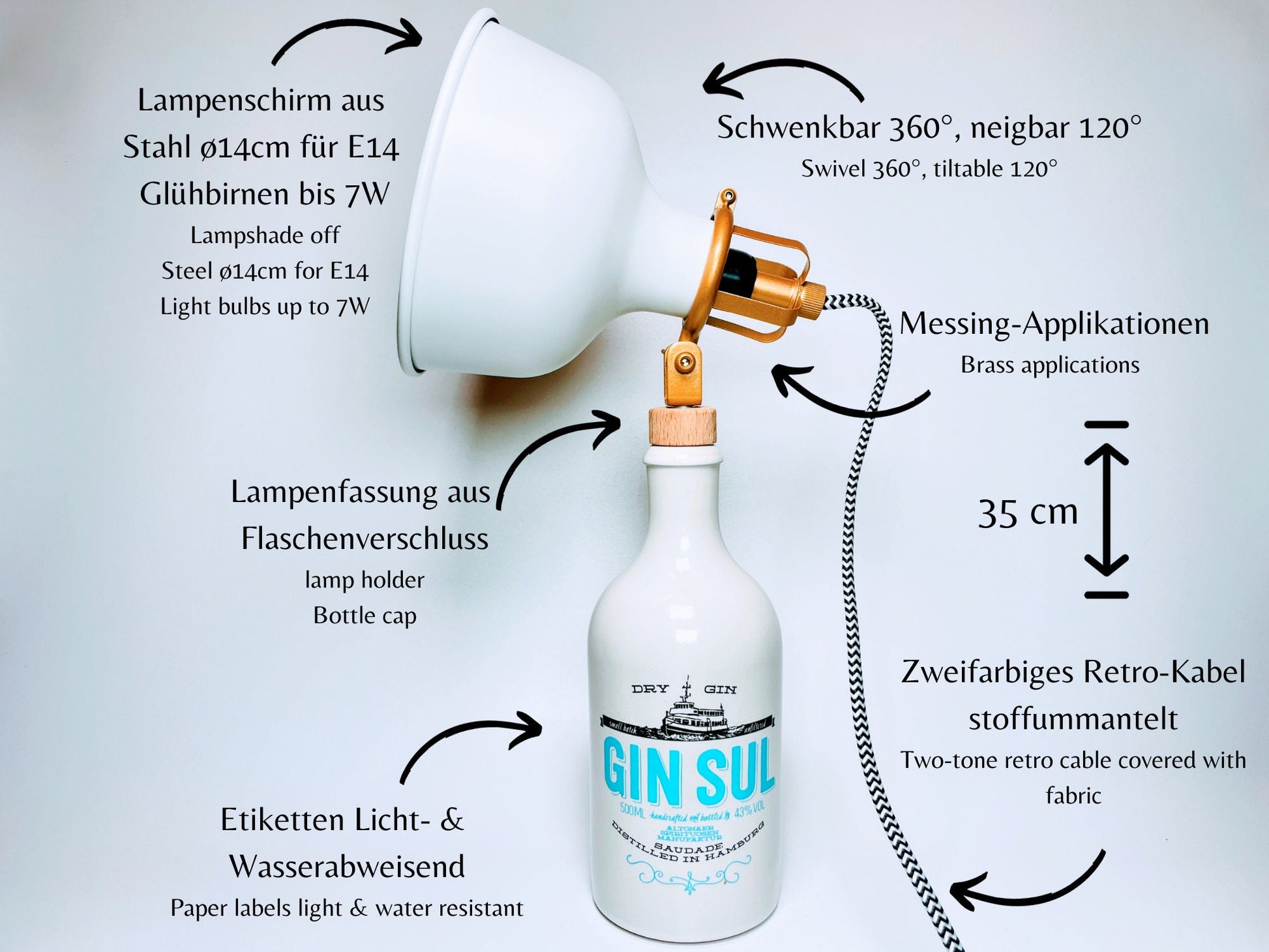 Gin Sul Vintage-Lampe | Handgemachte nachhaltige Tischlampe aus Gin Sul | Einzigartige Geschenkidee | Retro Deko-Licht | Upcycling Leuchte