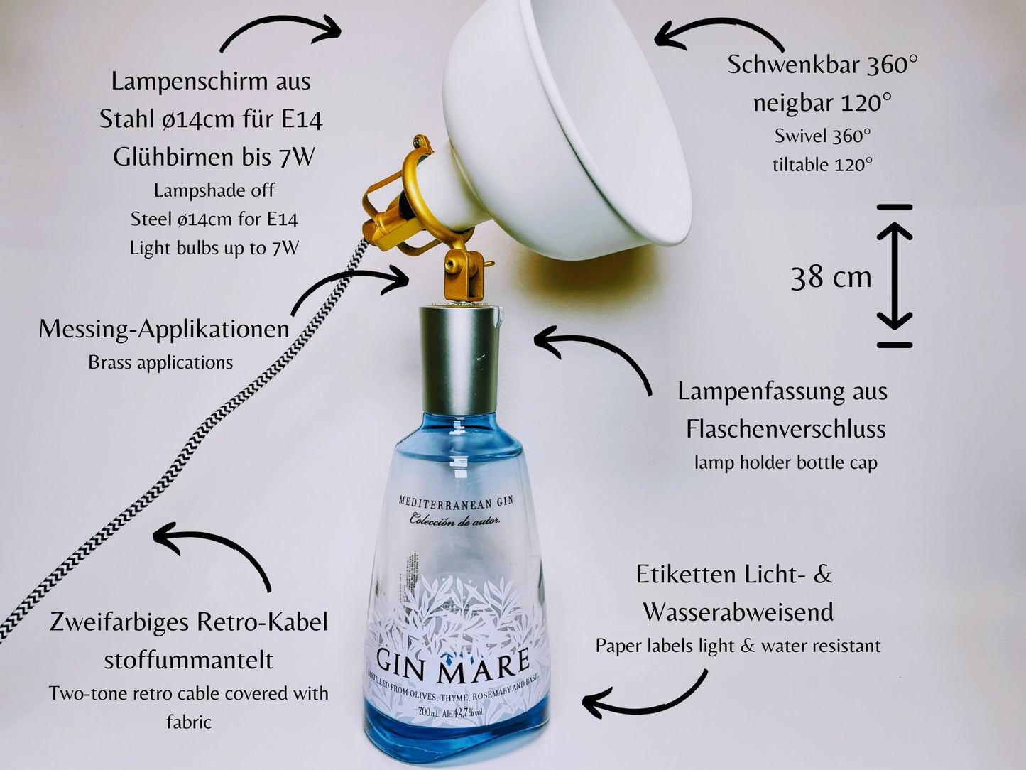 Gin Mare Vintage-Lampe | Handgemachte nachhaltige Tischlampe aus Gin Mare | Einzigartige Geschenkidee | Deko-Licht | Upcycling Leuchte