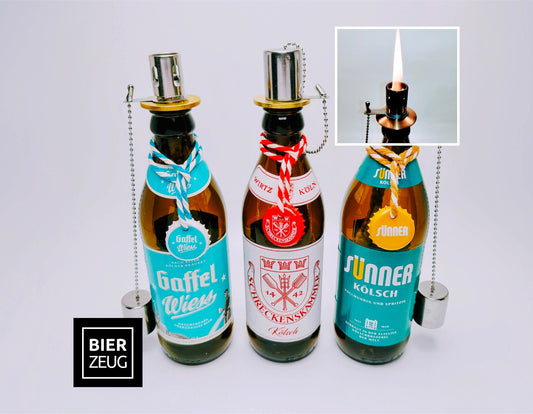 Öllampe aus Kölsch-Flaschen - Handgemacht - Upcycling - Windlicht aus Schreckenskammer, Gaffel, Sünner und Peters Kölsch