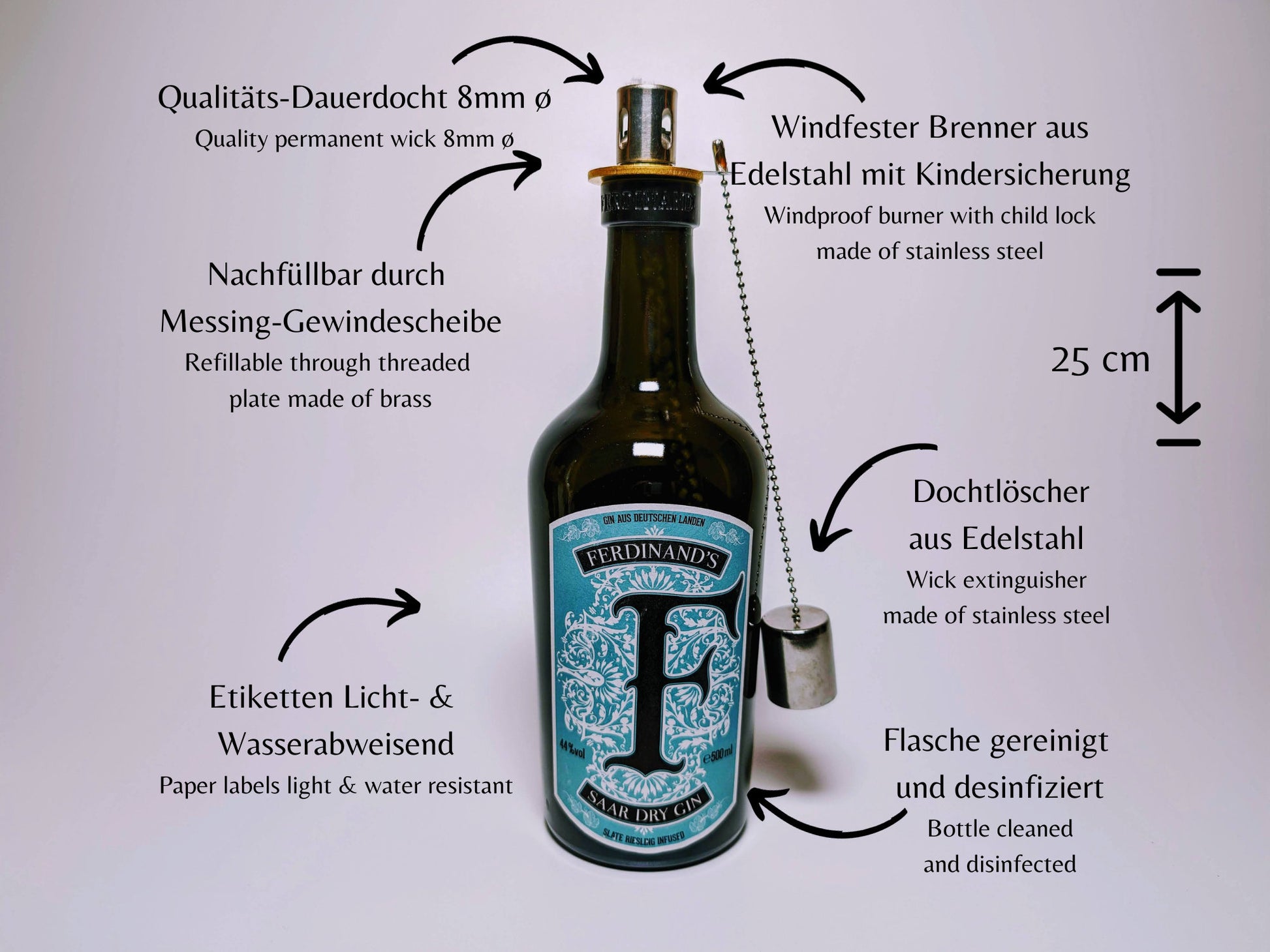 Gin Öllampe "Ferdinand" | Handgemachte Öllampe aus Ferdinand Gin Flaschen | Upcycling | Handgemacht | Individuell | Geschenk | Deko | H:25cm