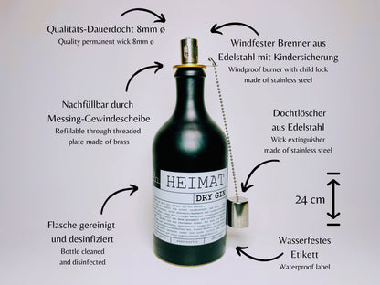 Gin Öllampe "Heimat" | Handgemachte Öllampe aus Heimat Gin Flaschen | Upcycling | Handgemacht | Individuell | Geschenk | Deko Balkon Garten