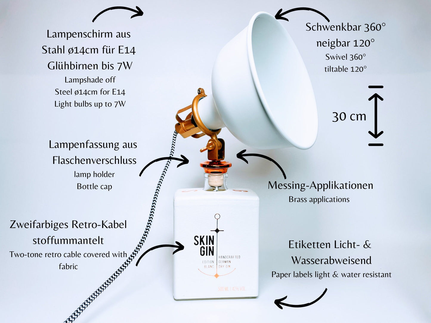 Skin Gin Vintage-Lampe | Handgemachte nachhaltige Tischlampe aus Skin Gin | Einzigartige Geschenkidee | Retro Deko-Licht | Upcycling Leuchte