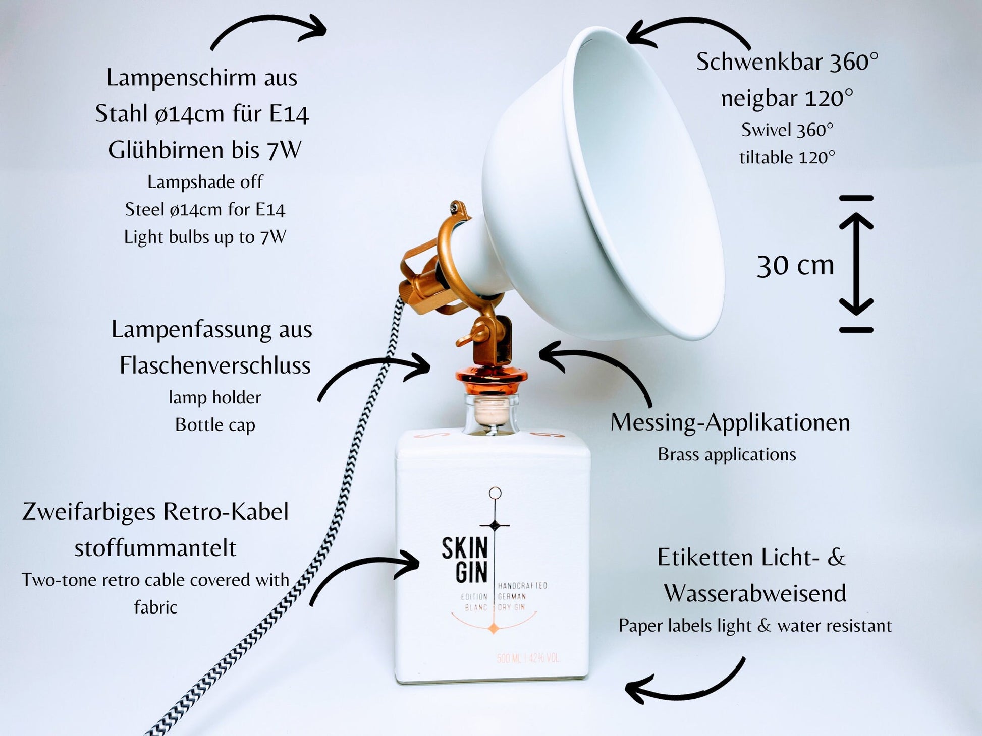 Skin Gin Vintage-Lampe | Handgemachte nachhaltige Tischlampe aus Skin Gin | Einzigartige Geschenkidee | Retro Deko-Licht | Upcycling Leuchte