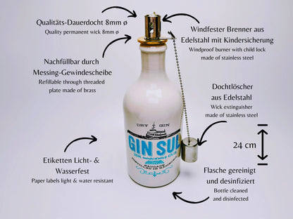 Gin Öllampe "Sul" | Handgemachte Öllampe aus Gin Sul Flaschen | Upcycling | Handgefertigt | Individuell | Geschenk | Hamburg | Deko | H:24cm