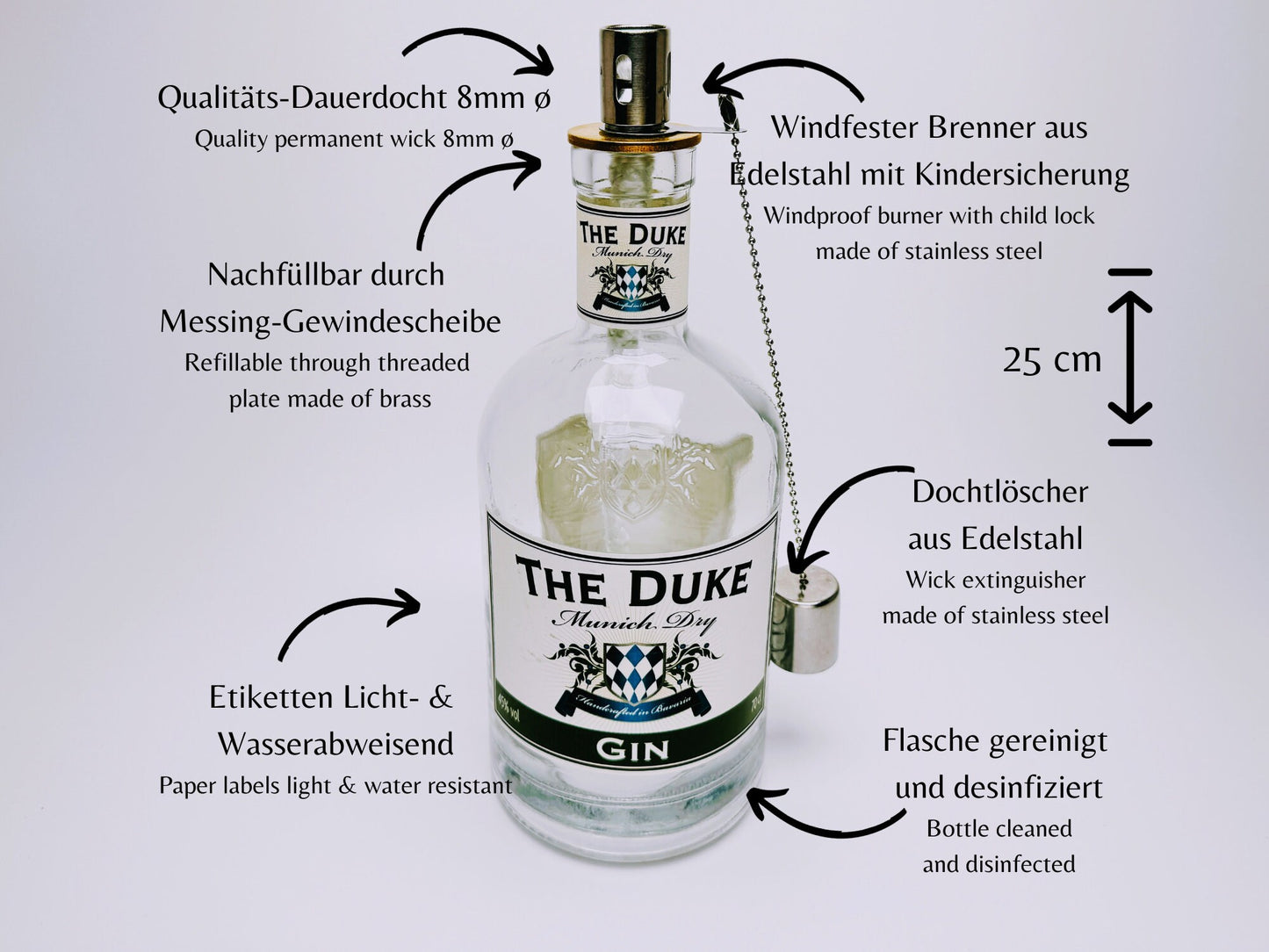 Gin Öllampe "The Duke" | Handgemachte Öllampe aus The Duke Gin Flaschen | Upcycling | Handgemacht | Individuell | Geschenk | Deko | H:25cm