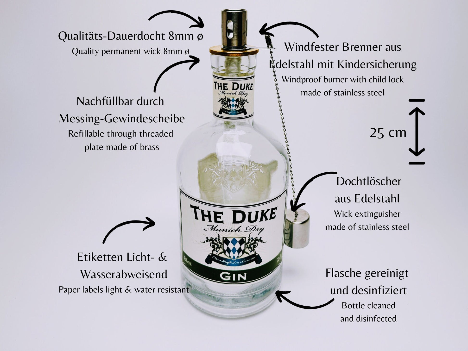 Gin Öllampe "The Duke" | Handgemachte Öllampe aus The Duke Gin Flaschen | Upcycling | Handgemacht | Individuell | Geschenk | Deko | H:25cm