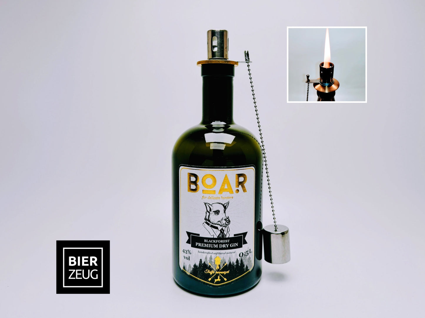 Gin Öllampe "Boar" | Handgemachte Öllampe aus Boar Gin Flaschen | Upcycling | Handgefertigt | Individuell | Geschenk | Deko | H:22cm 0,5l