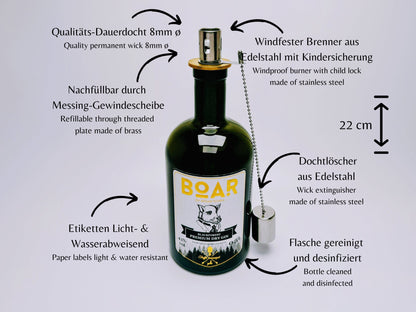 Gin Öllampe "Boar" | Handgemachte Öllampe aus Boar Gin Flaschen | Upcycling | Handgefertigt | Individuell | Geschenk | Deko | H:22cm 0,5l