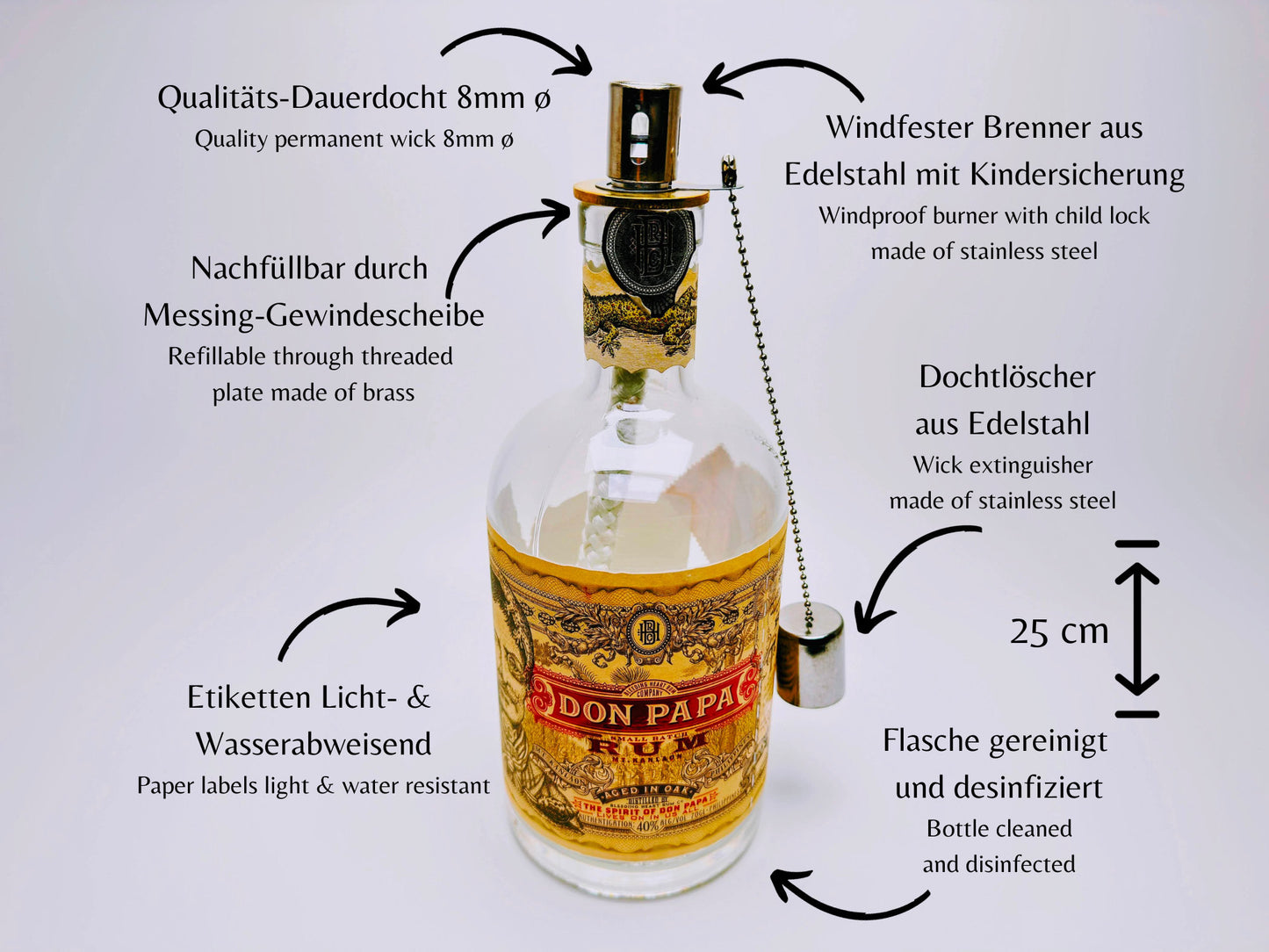 Öllampe aus Rum-Flaschen - Handgemacht - Upcycling - Windlicht für Balkon & Garten