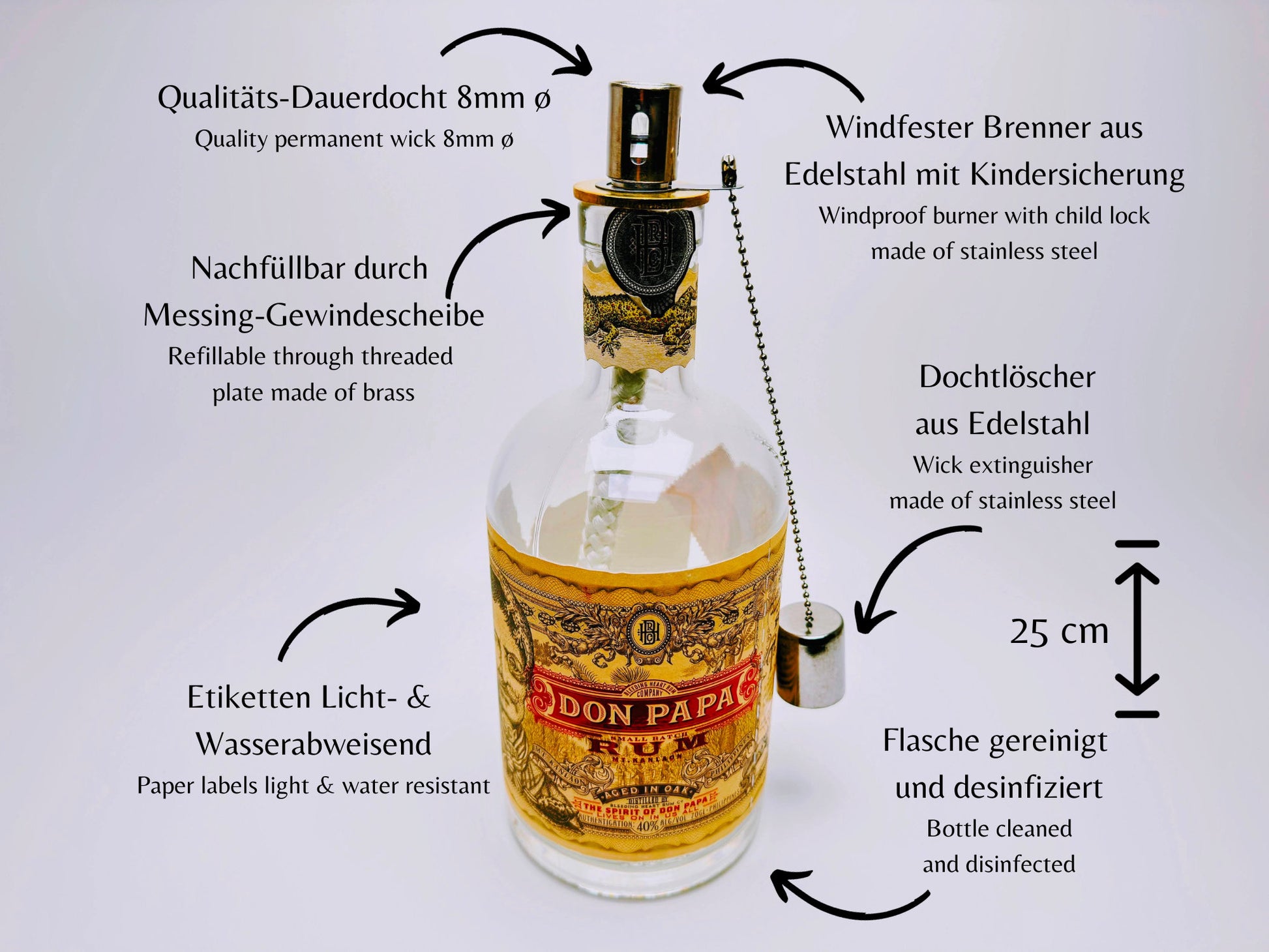 Rum-Öllampe "Don Papa" | Handgemachte Öllampe aus Don Papa-Flaschen | Upcycling | Handgemacht | Individuell | Geschenk | Deko | H:25cm