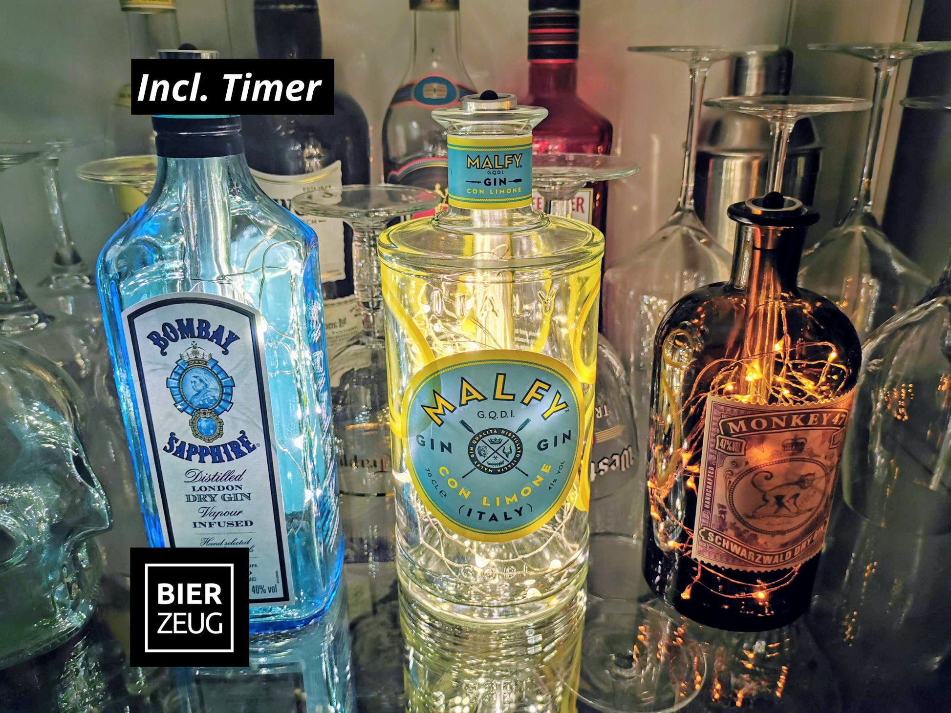 Gin-Glow - Die Magischen LED-Flaschen | Upcycling Gin-Flaschen mit LED-Licht | LED-Flaschen-Lampen für Bar und Vitrine | Inklusive Timer