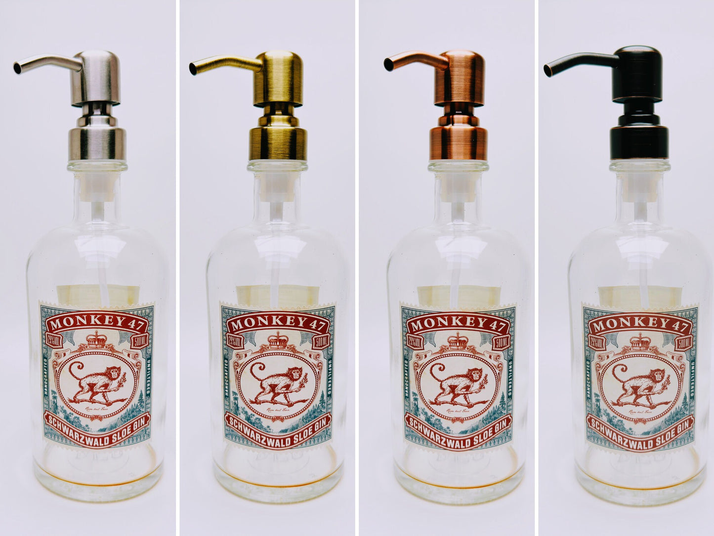 Gin-Seifenspender "Monkey 47" | Upcycling Pumpspender aus Monkey47 Gin Flasche | Nachfüllbar mit Seife | Bad Deko | Geschenk Schwarzwald