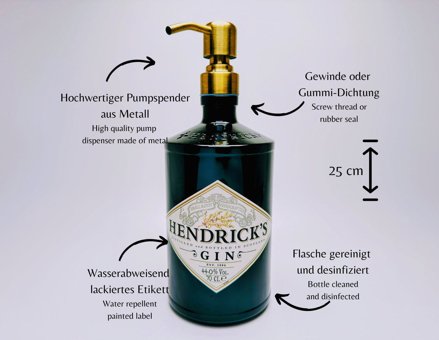 Seifenspender aus Gin-Flaschen - Handgemacht - Nachfüllbarer Pumpspender für Seife, Lotion oder Bartöl - 500-700 ml - Upcycling Geschenk