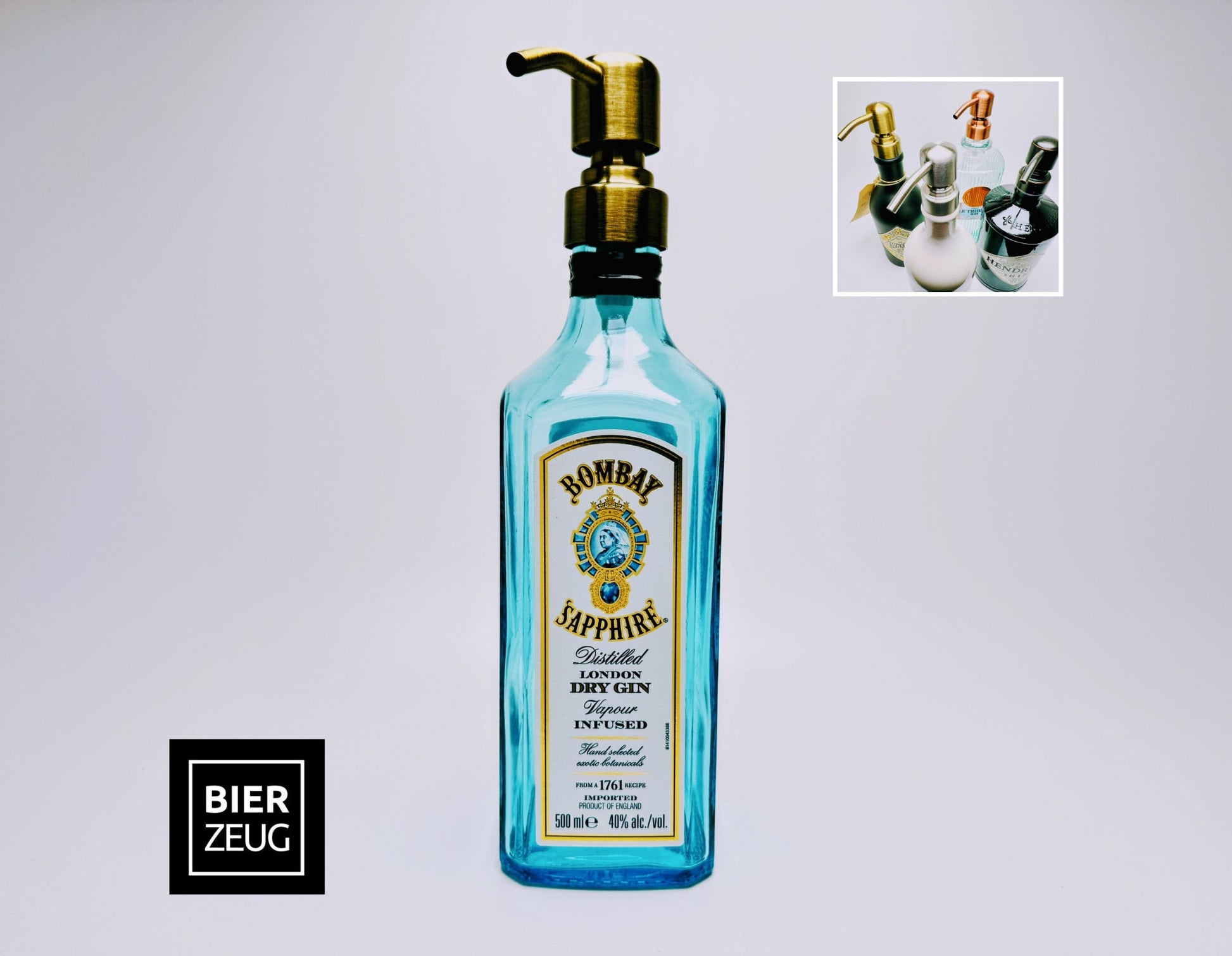 Gin-Seifenspender "Bombay Bubbles" | Upcycling Pumpspender aus Bombay Gin-Flasche | Nachfüllbar mit Seife etc. | Bad Deko Geschenk England