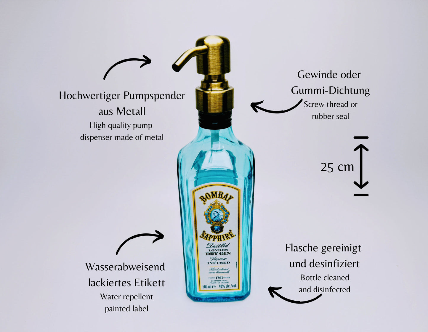 Gin-Seifenspender "Bombay Bubbles" | Upcycling Pumpspender aus Bombay Gin-Flasche | Nachfüllbar mit Seife etc. | Bad Deko Geschenk England