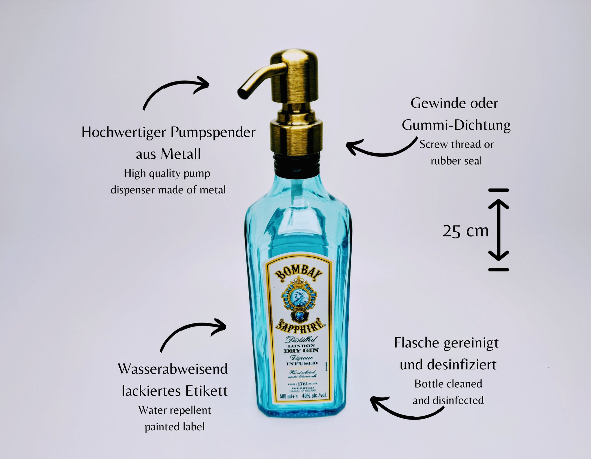 Gin-Seifenspender "Bombay Bubbles" | Upcycling Pumpspender aus Bombay Gin-Flasche | Nachfüllbar mit Seife etc. | Bad Deko Geschenk England