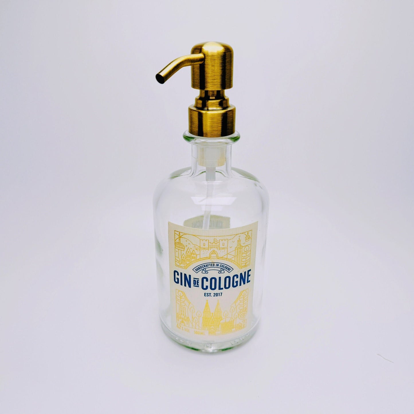Gin-Seifenspender "Gin de Cologne" | Upcycling Pumpspender aus Gin Cologne Flaschen | Nachfüllbar mit Seife etc. | Bad Deko | Geschenk Köln