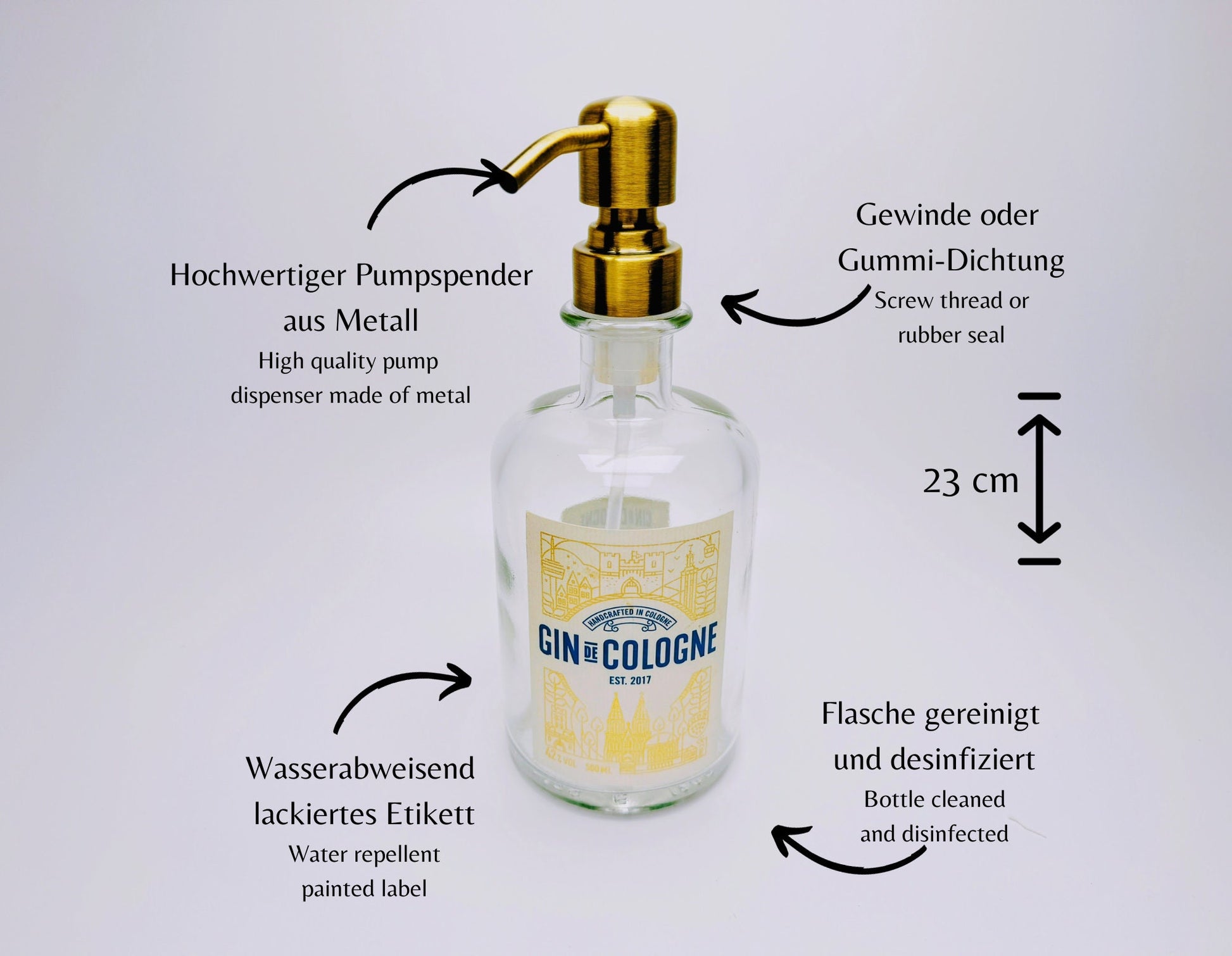 Gin-Seifenspender "Gin de Cologne" | Upcycling Pumpspender aus Gin Cologne Flaschen | Nachfüllbar mit Seife etc. | Bad Deko | Geschenk Köln